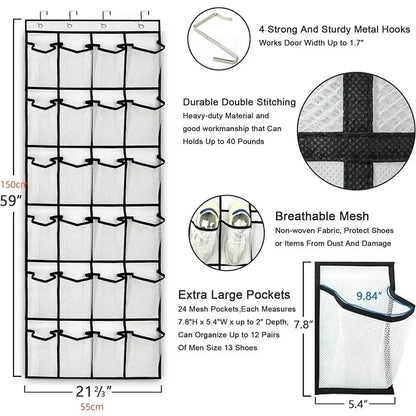 Over The Door Shoe Organizer - 12/24 Pocket Large Mesh Hanging Shoe Rack with Hooks for Bedroom Storage