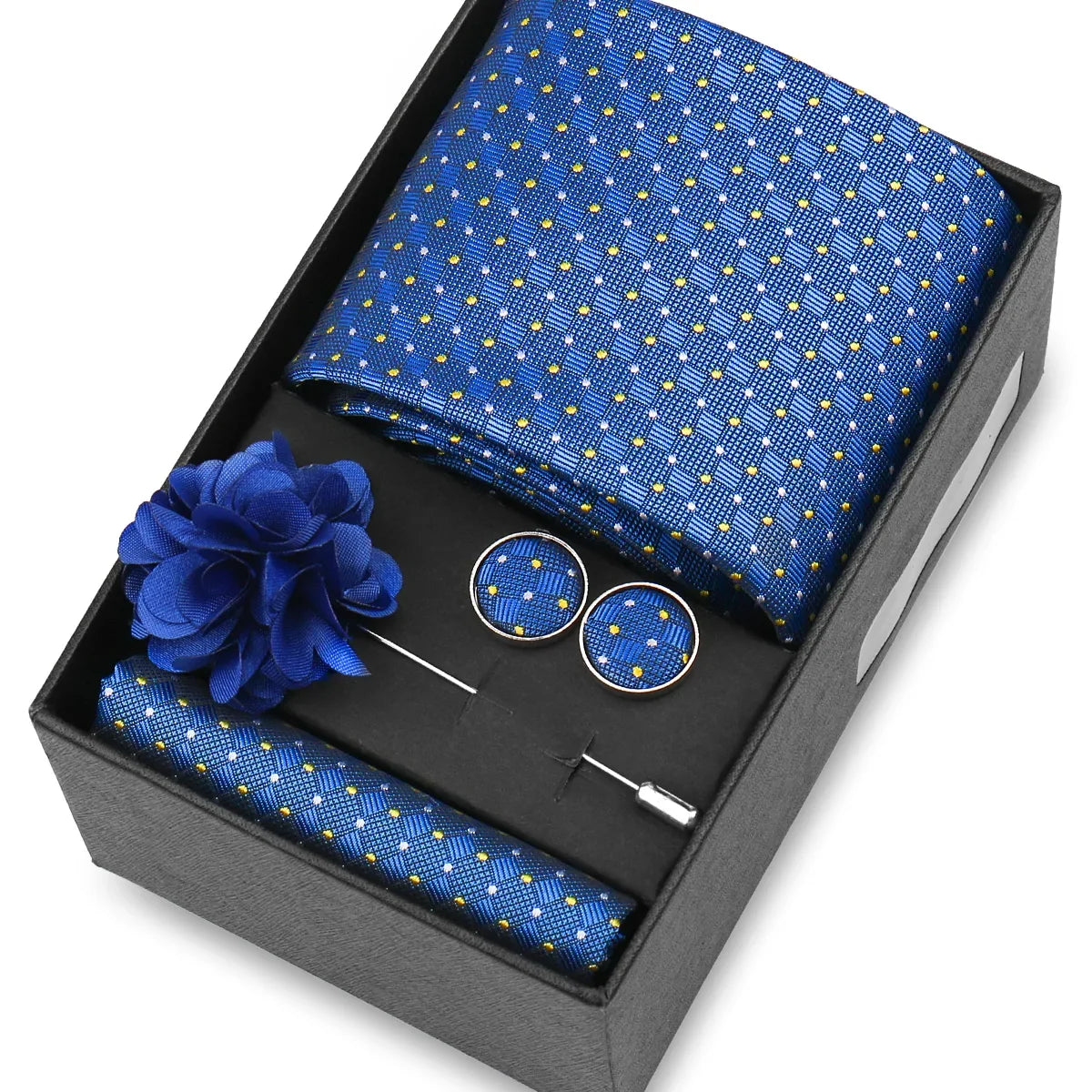 Elegant Men’s Necktie Gift Set - Fashion Tie with Handkerchief, Cufflinks & Brooch Pin Accessories for Business & Wedding