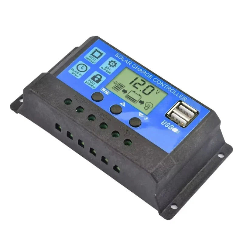 Solar Charge Controller - 12V/24V PV Regulator with LCD Display Dual USB 5V Output Load Discharge for Solar Panels
