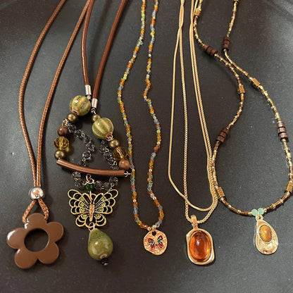 Vintage Natural Stone Pendant Necklace - Brown Geometric Long Leather Rope Chain Jewelry Gift for Women