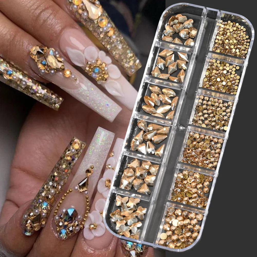 12-Grid Mixed Nail Rhinestones SS6-SS30 – Shiny Flat-Back Gems in Clear, Gold, Pink & Blue for Nail Art Decoration