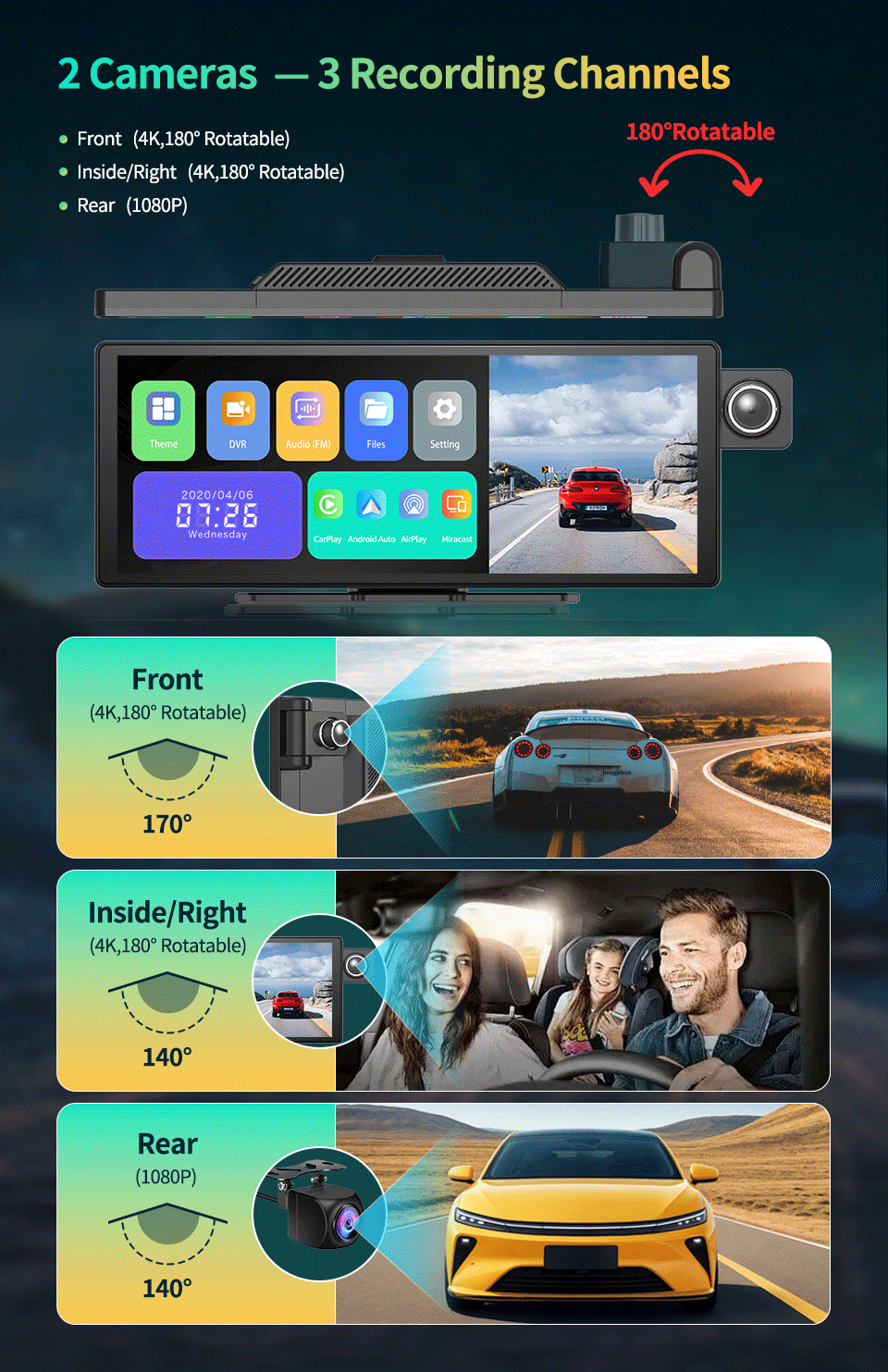 11.3" Imagebon H50 Dash Cam — 4K, 3-Channel, ADAS, Wireless CarPlay & Android Auto, Time-Lapse & 24H Parking Monitor Black Box
