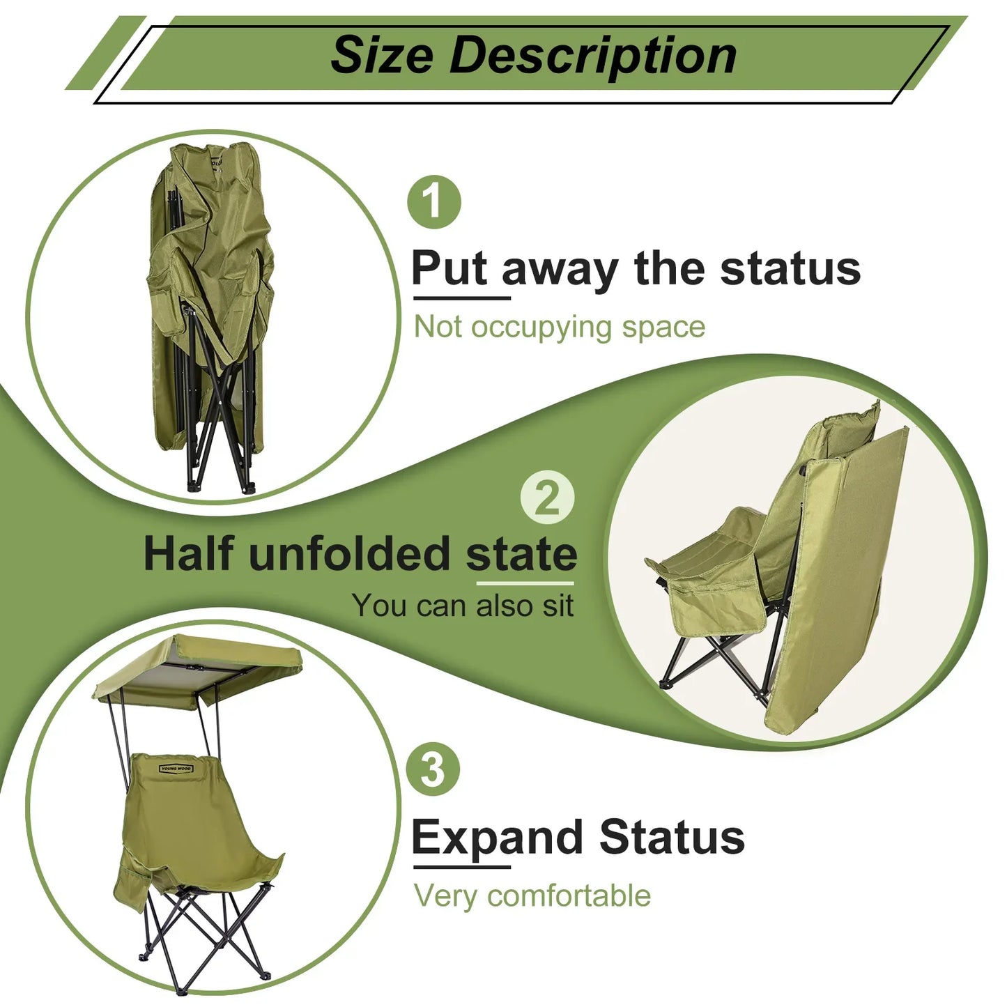 YOUNG WOOD Portable Camping Chair with Shade Canopy – Lightweight Foldable Oversized Beach & Outdoor Chair for Camping, Travel & Relaxation