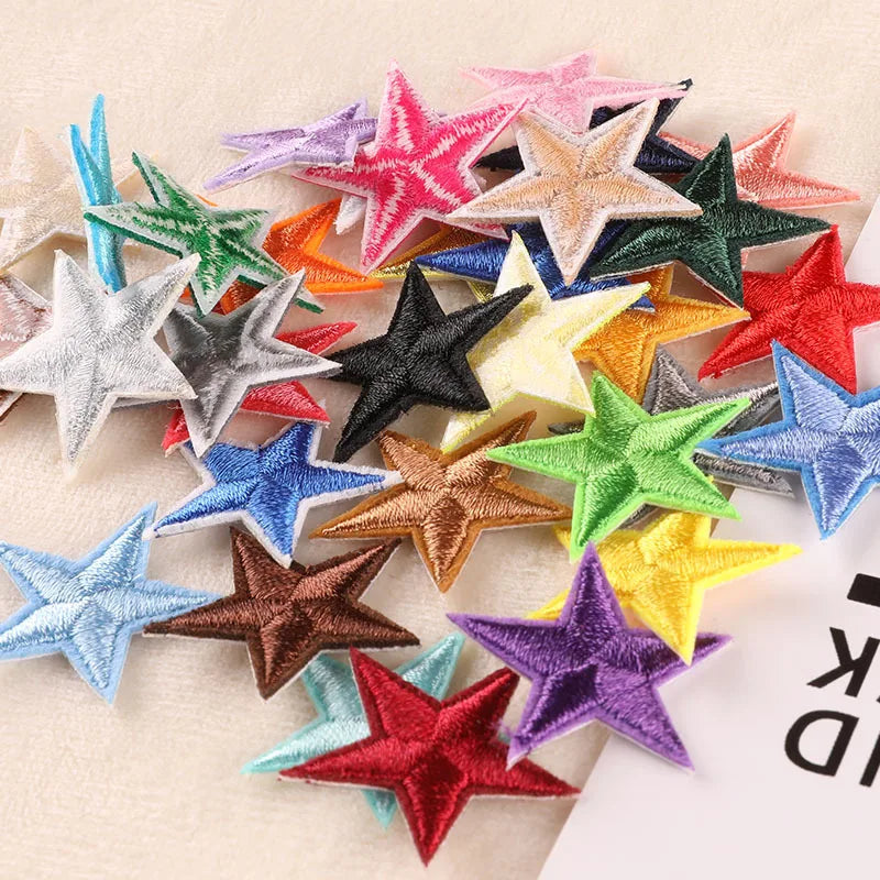 10Pcs Mini Star Embroidery Iron-On Patches – DIY Clothing Appliques Pentagram Stickers for Jackets, Jeans & Bags (Black, White, Gold)