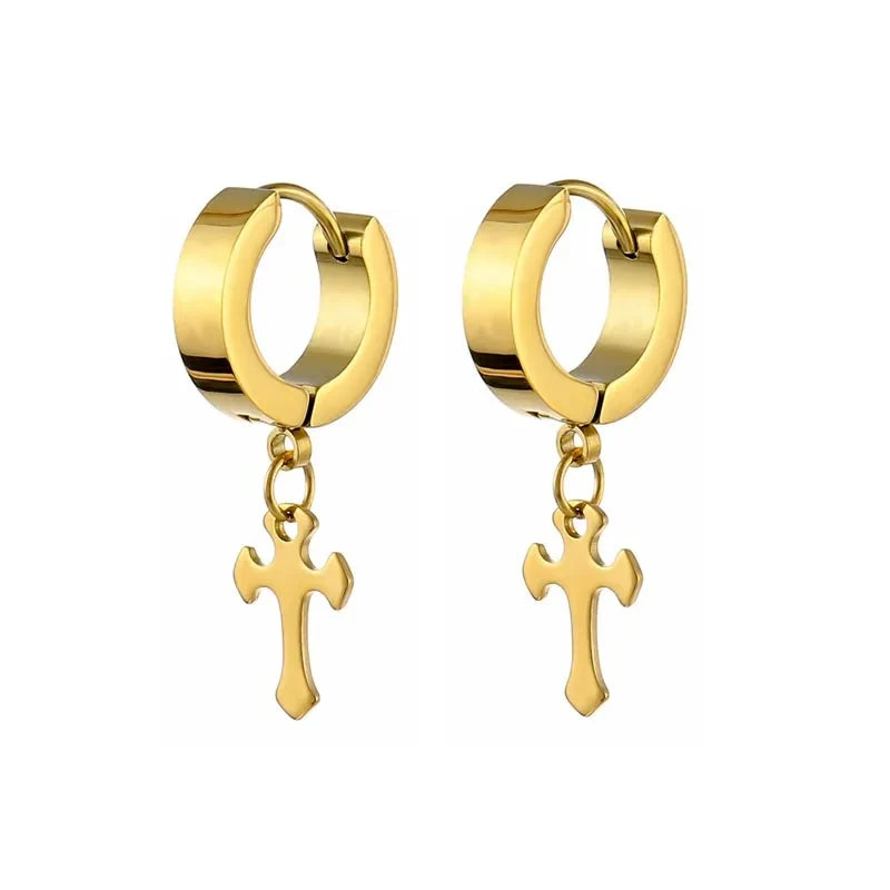 Gold Cross Huggie Hoop Earrings - Minimalist Dangle Charm Jewelry for Men & Women