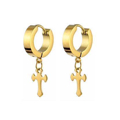 Gold Cross Huggie Hoop Earrings - Minimalist Dangle Charm Jewelry for Men & Women