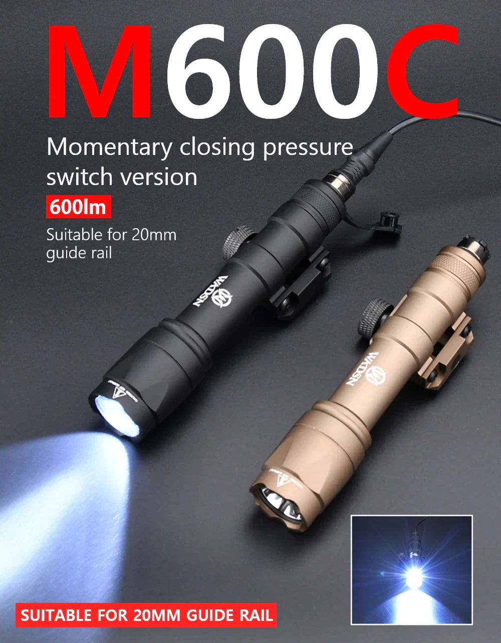 WADSN Airsoft M600C/M600/M300 Tactical Scout Light – AR15 Rifle LED Flashlight, Hunting Spotlight, 20mm Rail Mount
