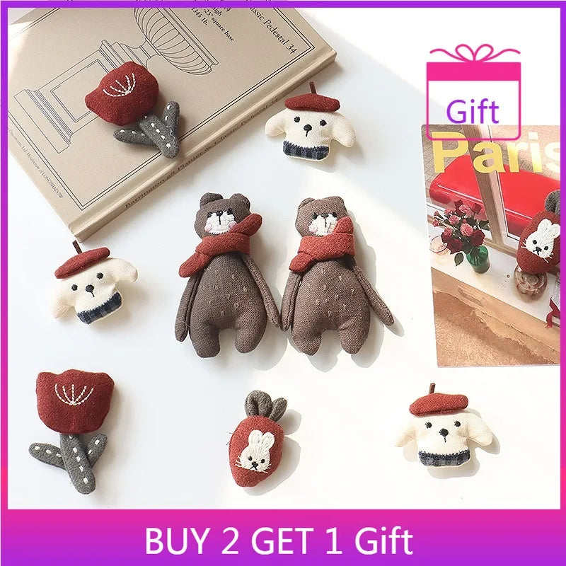 Cute Animal Brooch Pin - Bunny, Bear & Tulip Design Scarf Hair Clip Accessories for Women & Girls