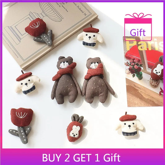 Cute Animal Brooch Pin - Bunny, Bear & Tulip Design Scarf Hair Clip Accessories for Women & Girls
