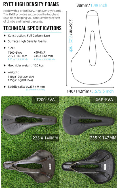 RYET 3D Printed Carbon Bike Saddle — 140/143mm Lightweight Road & MTB Cycling Seat with EVA Cushion