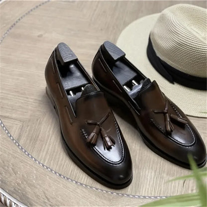 Men’s Genuine Leather Tassel Loafers - Vintage Slip-On Casual Social Dress Shoes Size 37-45