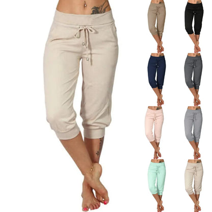 Women’s Cotton Linen Jogger Capris - Solid Color Summer Casual Pants with Double Pockets for Beach & Vacation Wear