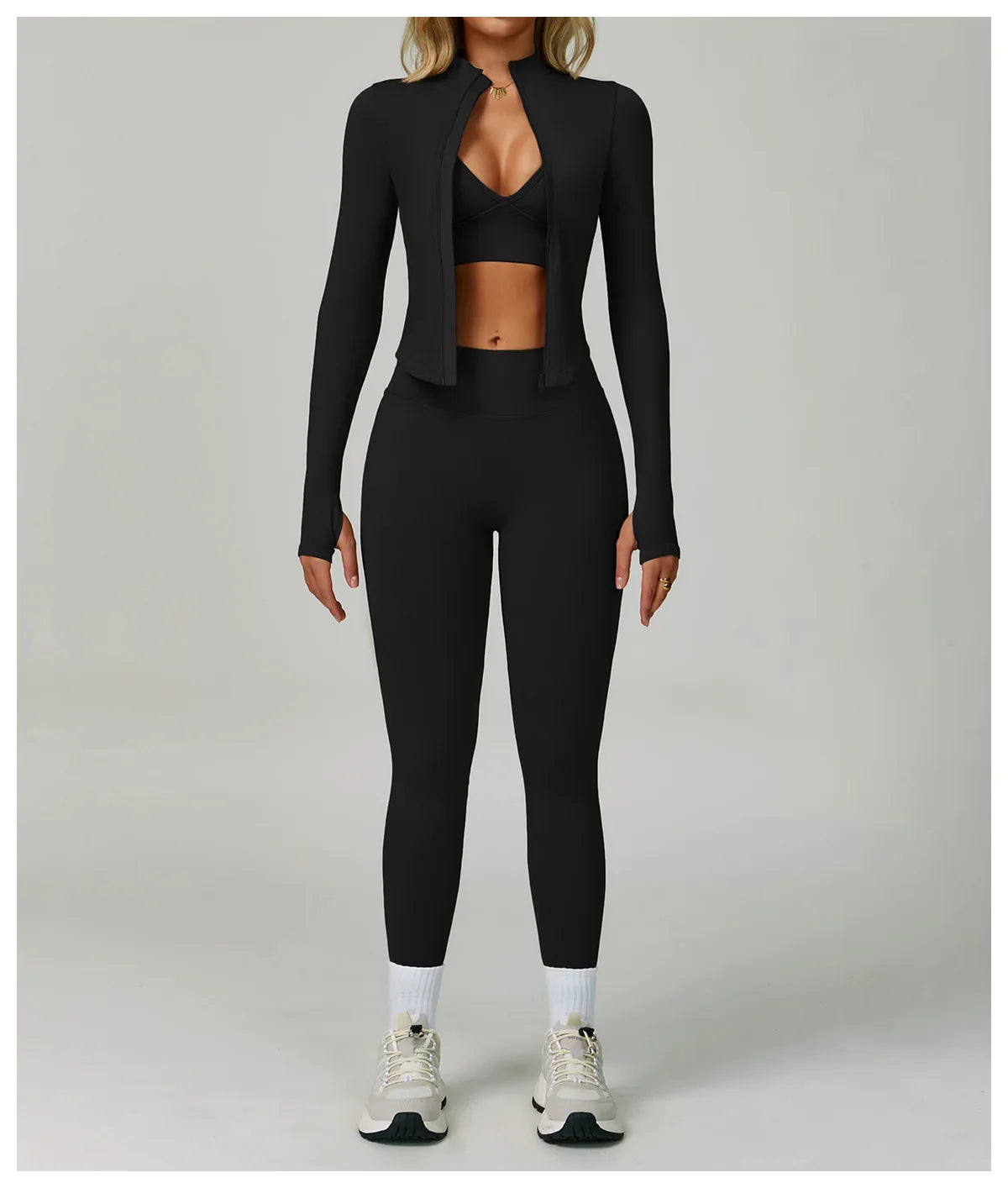 2/3PCS Women’s Seamless Yoga & Gym Set – Push-Up Sports Bra, Long Sleeve Jacket & Workout Leggings