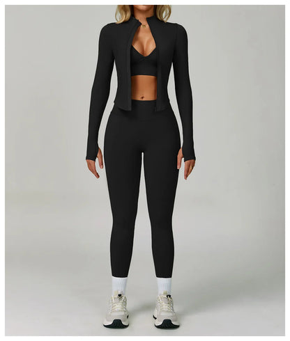 2/3PCS Women’s Seamless Yoga & Gym Set – Push-Up Sports Bra, Long Sleeve Jacket & Workout Leggings