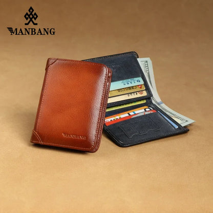 Manbang Genuine Leather Men’s RFID Blocking Trifold Wallet – High Quality Card Holder with ID Window Slim Business Wallet for Men