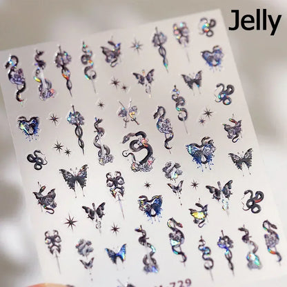 5D Gold Stamped Nail Art Stickers - Silver Sun Stars Snake Chinese Style Self-Adhesive Manicure Decals