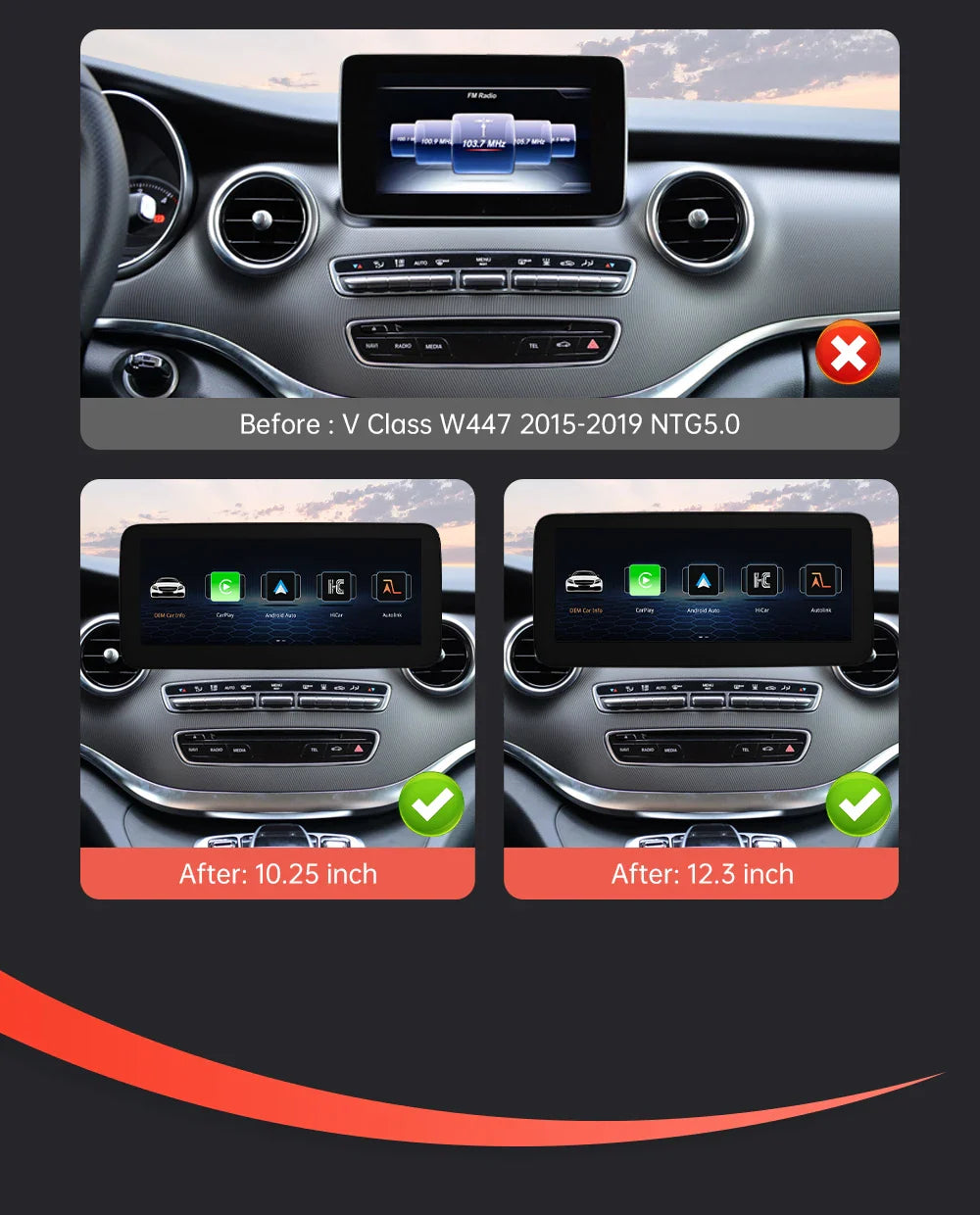1920x720 Multimedia Touch Screen - Wireless CarPlay & Android Auto for Mercedes-Benz C Class W205, GLC, V Class W447 (2015-2018) NTG5.0