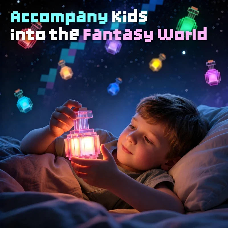 Rechargeable 7 Color Liquid Bottle Night Light - Pixel Style LED Bedroom Decor Lamp Kids Gift Game Room Decoration