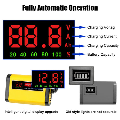 Full Automatic Car Battery Charger - Digital LCD Display, 2A Fast Charging, 3 Stages Lead Acid AGM GEL Battery Chargers