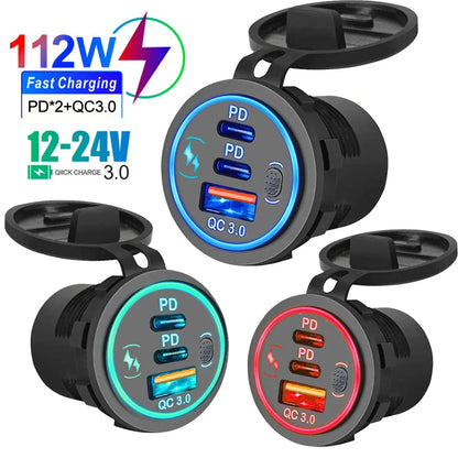 78W Dual USB C Car Charger Socket - PD3.0 & QC3.0 Fast Charging Adapter with LED Touch Switch for 12V/24V Vehicles