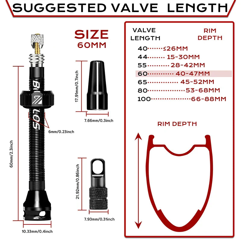 BUCKLOS Tubeless Presta Valves 40–100mm — Aluminum Alloy Bike Valve Stem for Road & MTB