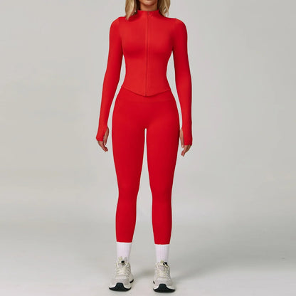 2/3PCS Women’s Seamless Yoga & Gym Set – Push-Up Sports Bra, Long Sleeve Jacket & Workout Leggings
