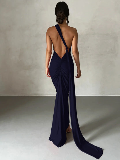 Hugcitar One Shoulder Backless Maxi Dress for Women – Adjustable Scarf Ruched Sexy Elegant Y2K Festival & Streetwear Party Outfit
