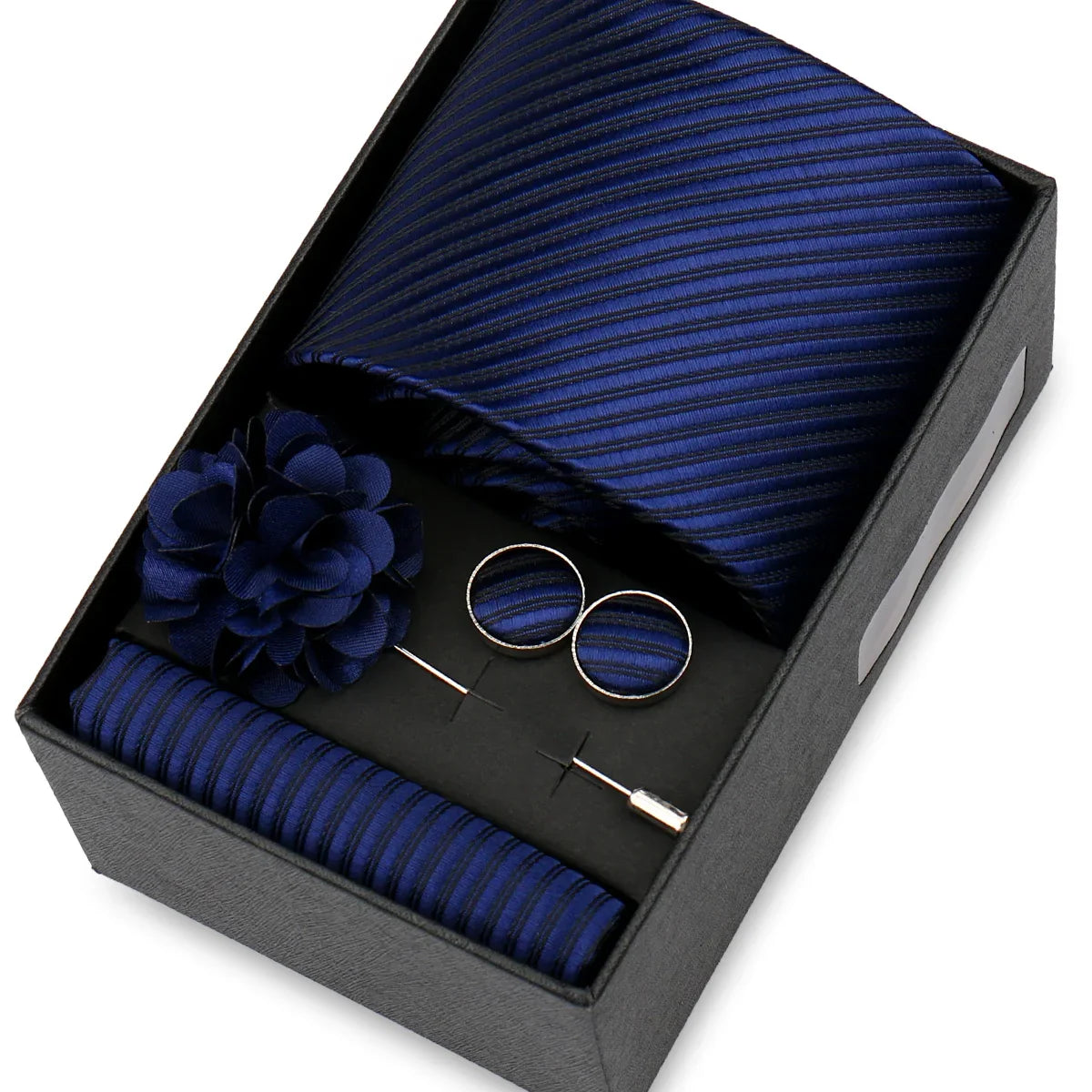 Elegant Men’s Necktie Gift Set - Fashion Tie with Handkerchief, Cufflinks & Brooch Pin Accessories for Business & Wedding