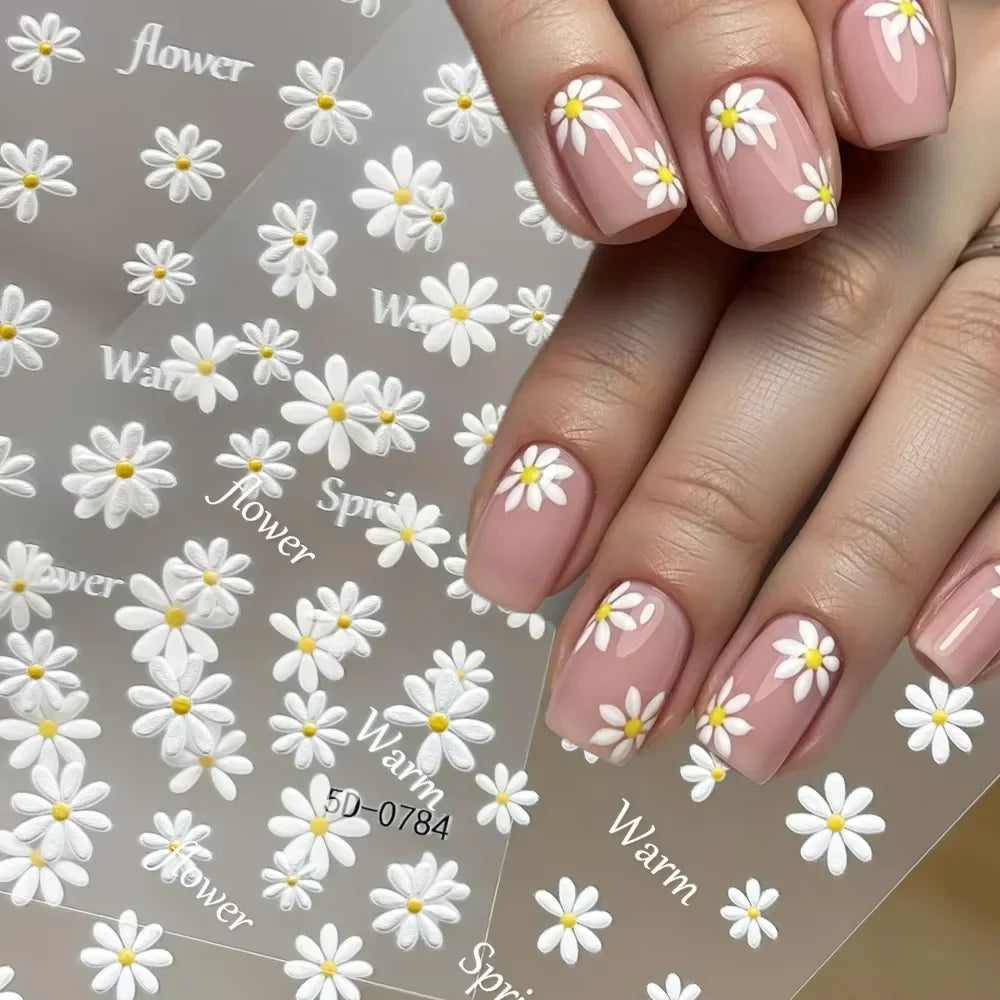 5D Daisy Nail Art Stickers - White Flower & Green Leaf Embossed Decals for DIY Spring Summer Nail Decoration