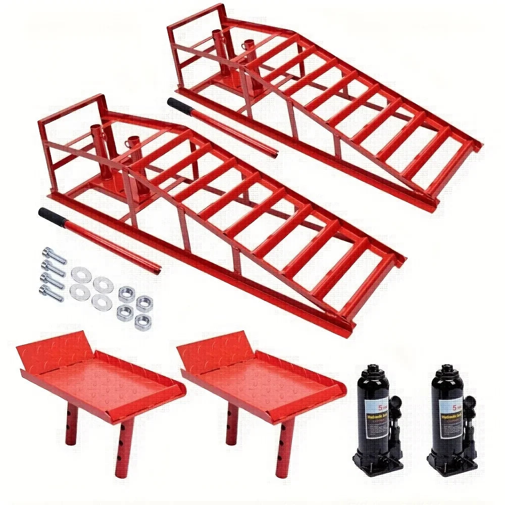 2PCS Heavy Duty Hydraulic Car Ramps - 11000LBS Floor Jack Lift Ramps for Oil Change, Truck & Garage Auto Repair