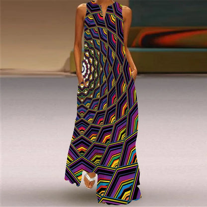Vintage Boho Maxi Dress - Women's Summer V Neck Sleeveless Long Sundress with Pockets