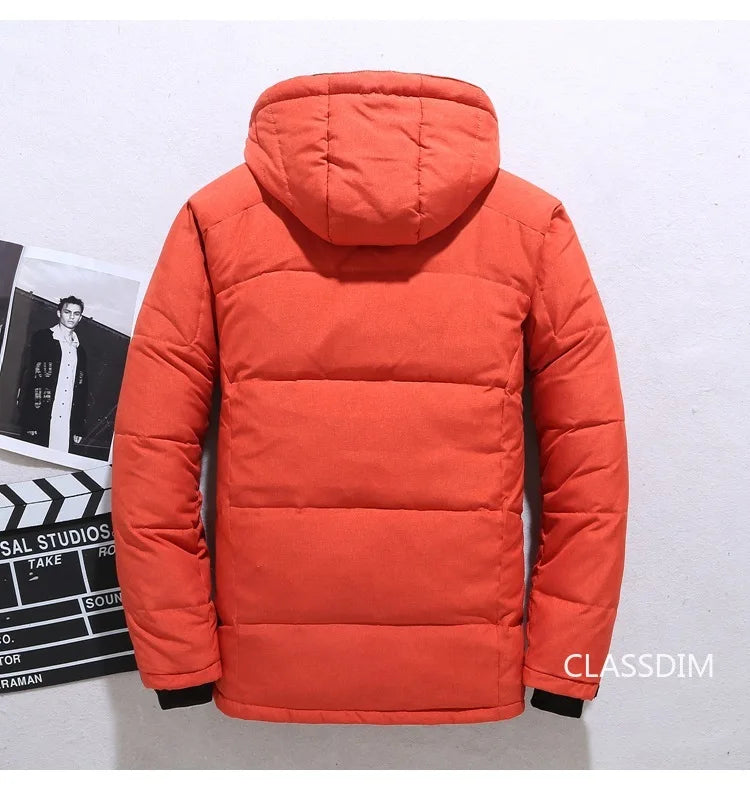 Men's Winter Hooded Puffer Jacket – White Duck Down Coat, Windproof & Warm Outdoor Parka, Size 5