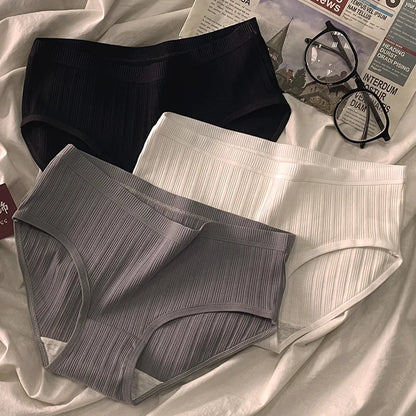 3 Pcs Women’s Cotton Panties Set - Breathable Mid-Waist Solid Color Briefs Soft Female Underwear Lingerie