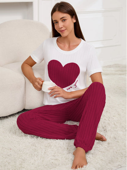 Women’s Heart Print Pajama Set – Short Sleeve Top & Pants Two-Piece Loungewear