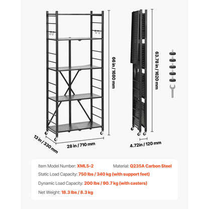 SucceBuy 3-6 Tier Black Foldable Storage Shelf — Wheeled Metal Rack Organizer for Kitchen & Garage