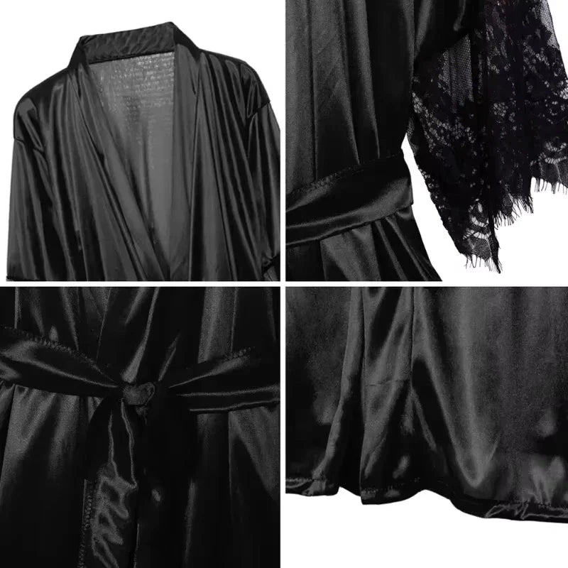 Women Floral Lace Night Gown Robe - Sexy Satin Sleepwear Set with G-String, Short Sleeve Bathrobe & French Style Nightdress
