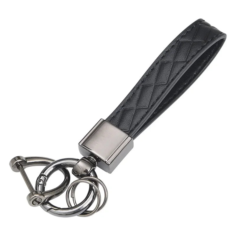 5-Color Genuine Leather Plaid Keychain – Luxury Black Buckle Car Key Ring for Men & Women, Gift for Friends
