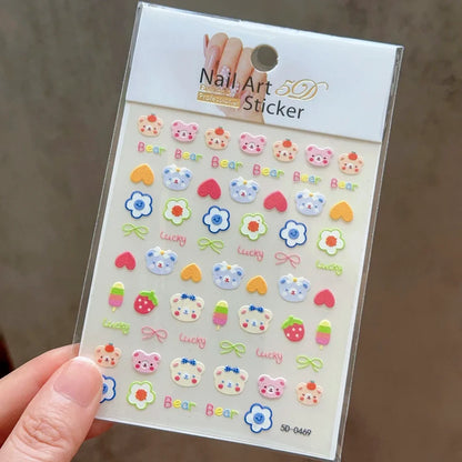 5D Macaron Nail Stickers - Embossed Flower, Fruit, Bear & Rabbit Charms for Summer DIY Manicure Decoration