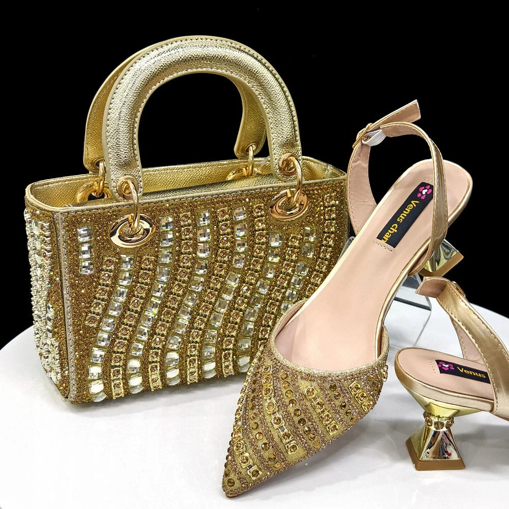 Women’s Fuchsia Rhinestone Shoe & Bag Set - Shiny Italian Style Pointed Toe High Heel Fashion Accessories
