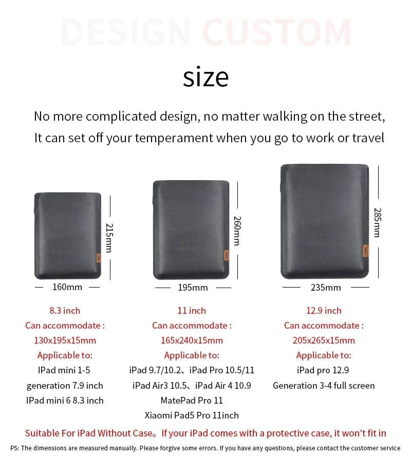 Ultra-Thin PU Leather Tablet Sleeve - Side Access Pen Slot Bag for iPad Mini, Air & Pro 8.3/10.9/11/12.9/13 Inch