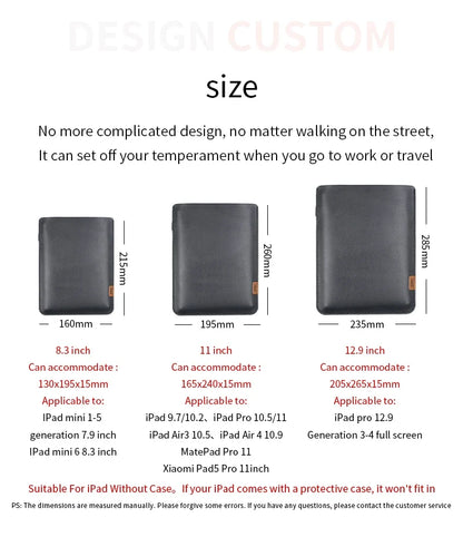 Ultra-Thin PU Leather Tablet Sleeve - Side Access Pen Slot Bag for iPad Mini, Air & Pro 8.3/10.9/11/12.9/13 Inch