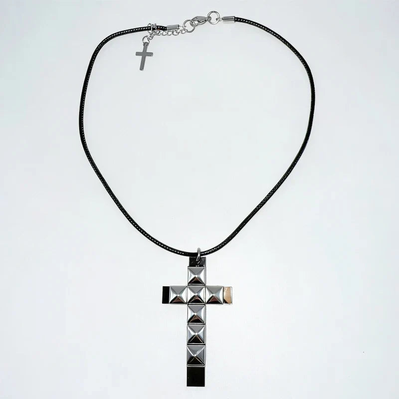 Punk Rivet Cross Pendant Necklace - Gothic Grunge Rock 90s Style Jewelry