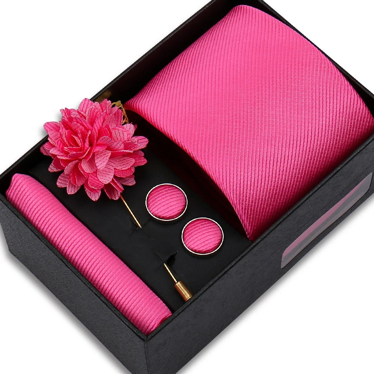 Men's Solid Color Tie Set - Jacquard Necktie, Hanky, Cufflinks & Brooch Gift Box for Weddings