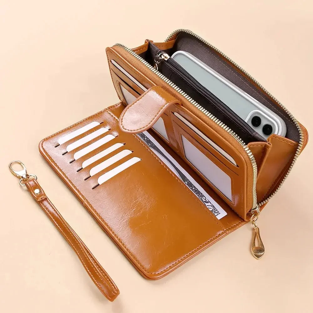 Women’s Vintage PU Leather Clutch Wallet – Large Capacity Phone Purse with Wristband, Card Holder & Pouch Bag