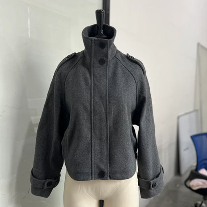 Women’s Short Woolen Coat - Stand Collar Loose Zipper Jacket for Spring Autumn Fashion Outerwear