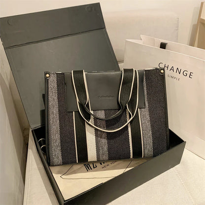 MOODS Quality Canvas Tote Bag for Women 2023 – Luxury Designer Handbag, Contrast Color Striped, Big Shoulder Crossbody Shopper Totes