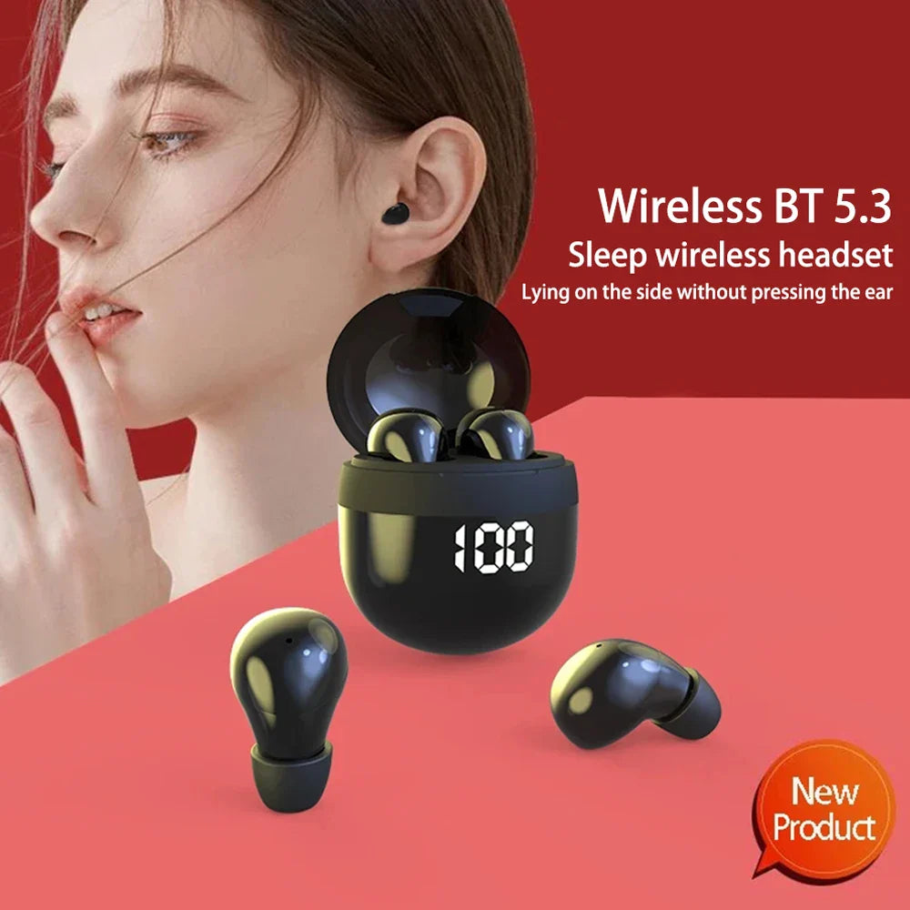 SK18 Mini Invisible Wireless Bluetooth 5.3 Headphones — Bass Sleeping Earbuds with Mic, Noise Cancellation & HD Sound
