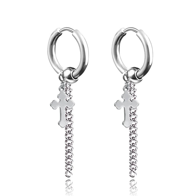 Long Hanging Cross & Leaf Hoop Earrings – Vintage Stainless Steel Hip Hop Unisex Jewelry Accessories