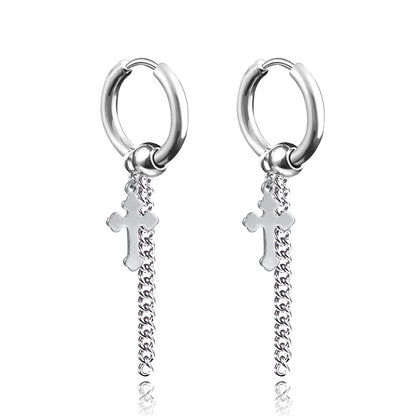 Long Hanging Cross & Leaf Hoop Earrings – Vintage Stainless Steel Hip Hop Unisex Jewelry Accessories
