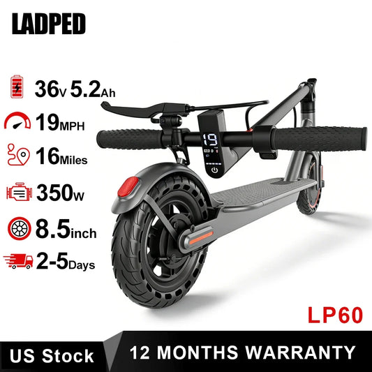 2026 LADPED LP60 Electric Scooter - 350W Folding E-Scooter with 19MPH Speed, 16-Mile Range & 8.5-Inch Tires for Adults